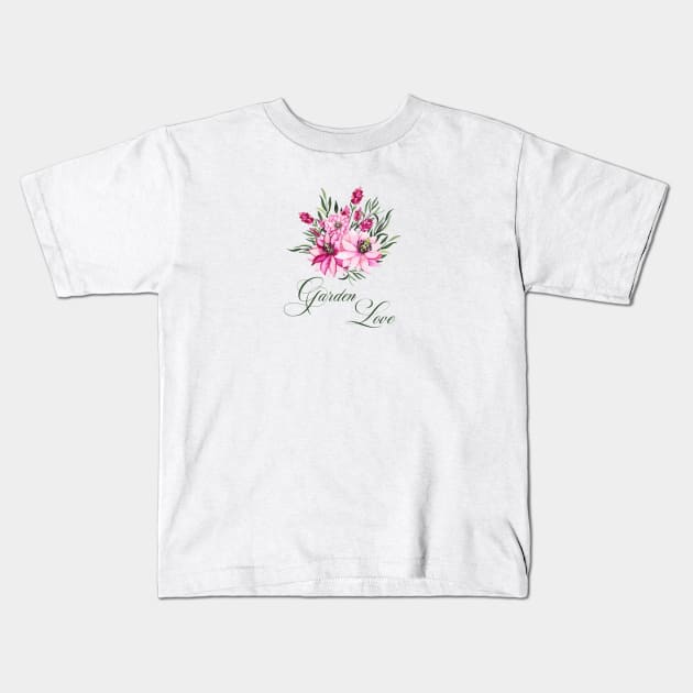 Garden Love with pink flowers for gardeners Kids T-Shirt by artsytee